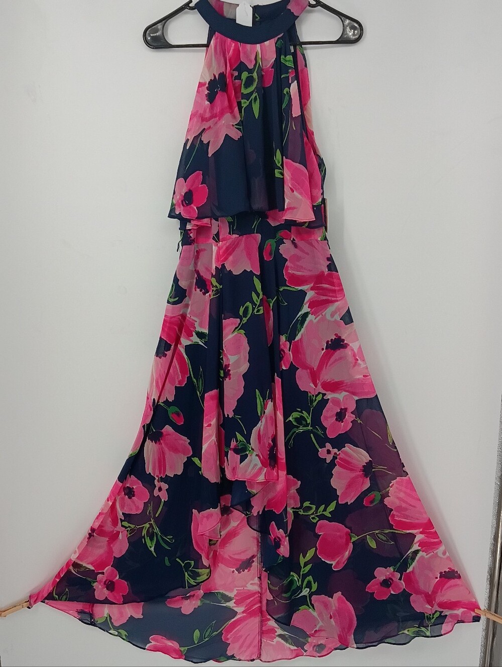 Eliza J Navy Halter Chiffon Maxi Dress w Pink Floral & Ruffle Drop Collar Size 8